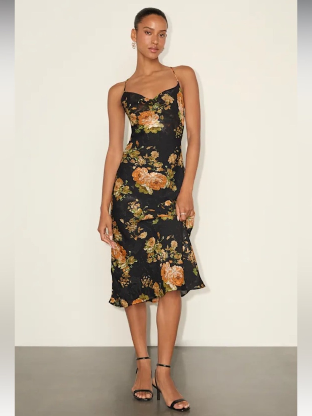 Nwt Lulus Petal Prowess Black Floral Print Lace Up Cowl MIDI Dress XS